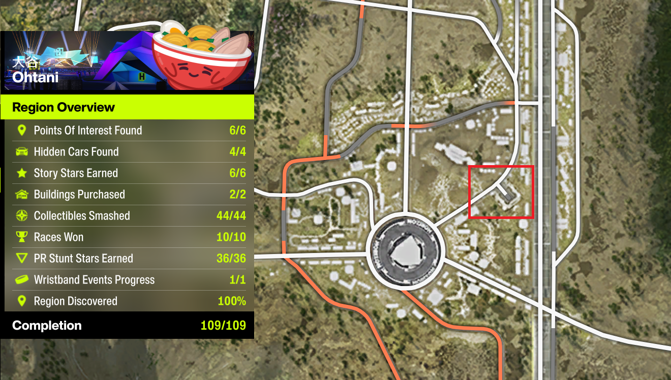 Capture de la carte de Forza Horizon 6 montrant la route facile à manquer 1 au centre de la région d'Ohtani.
