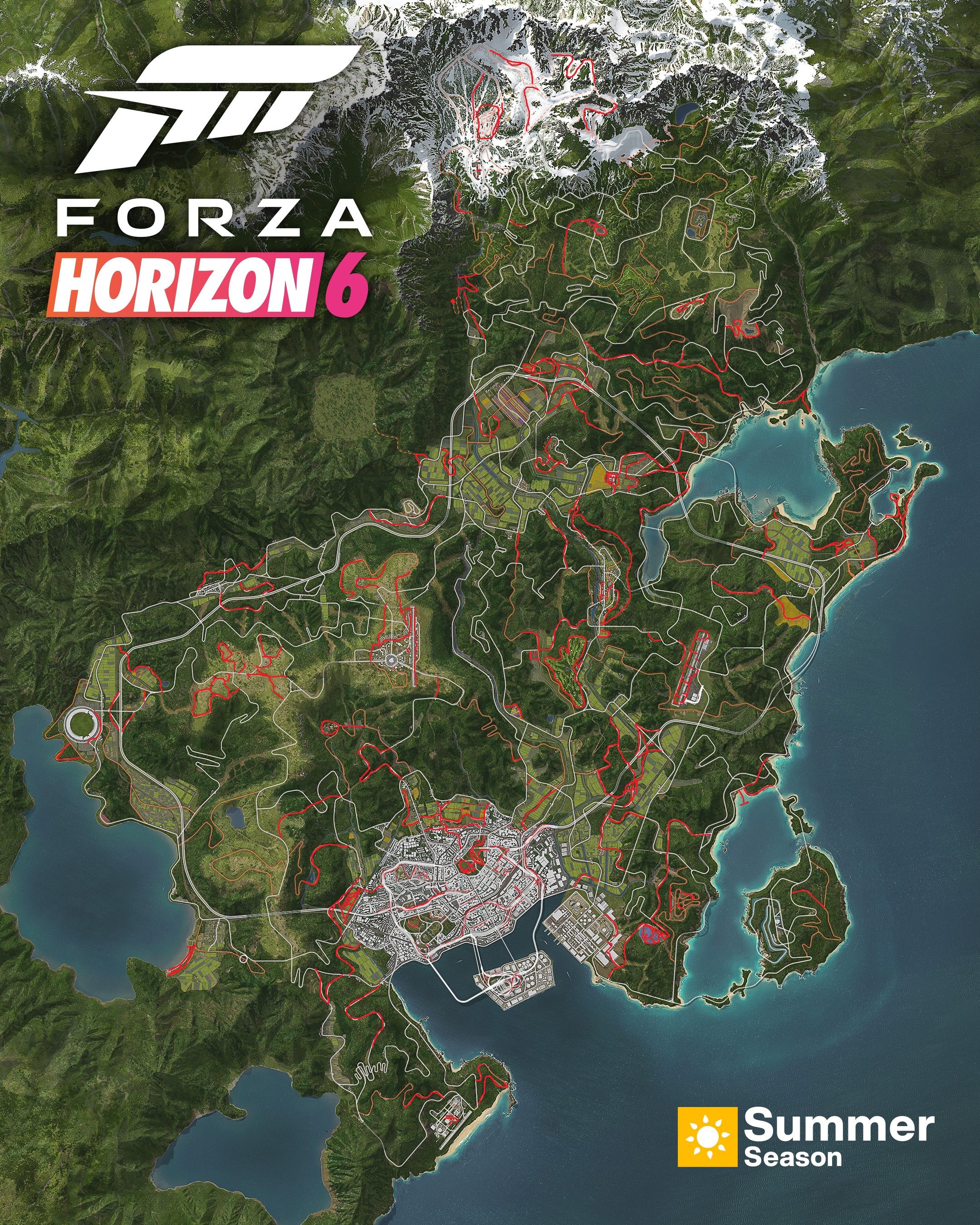 Carte complète de Forza Horizon 6 avec les routes surlignées qui ne sont pas naturellement complétées dans le mode histoire.