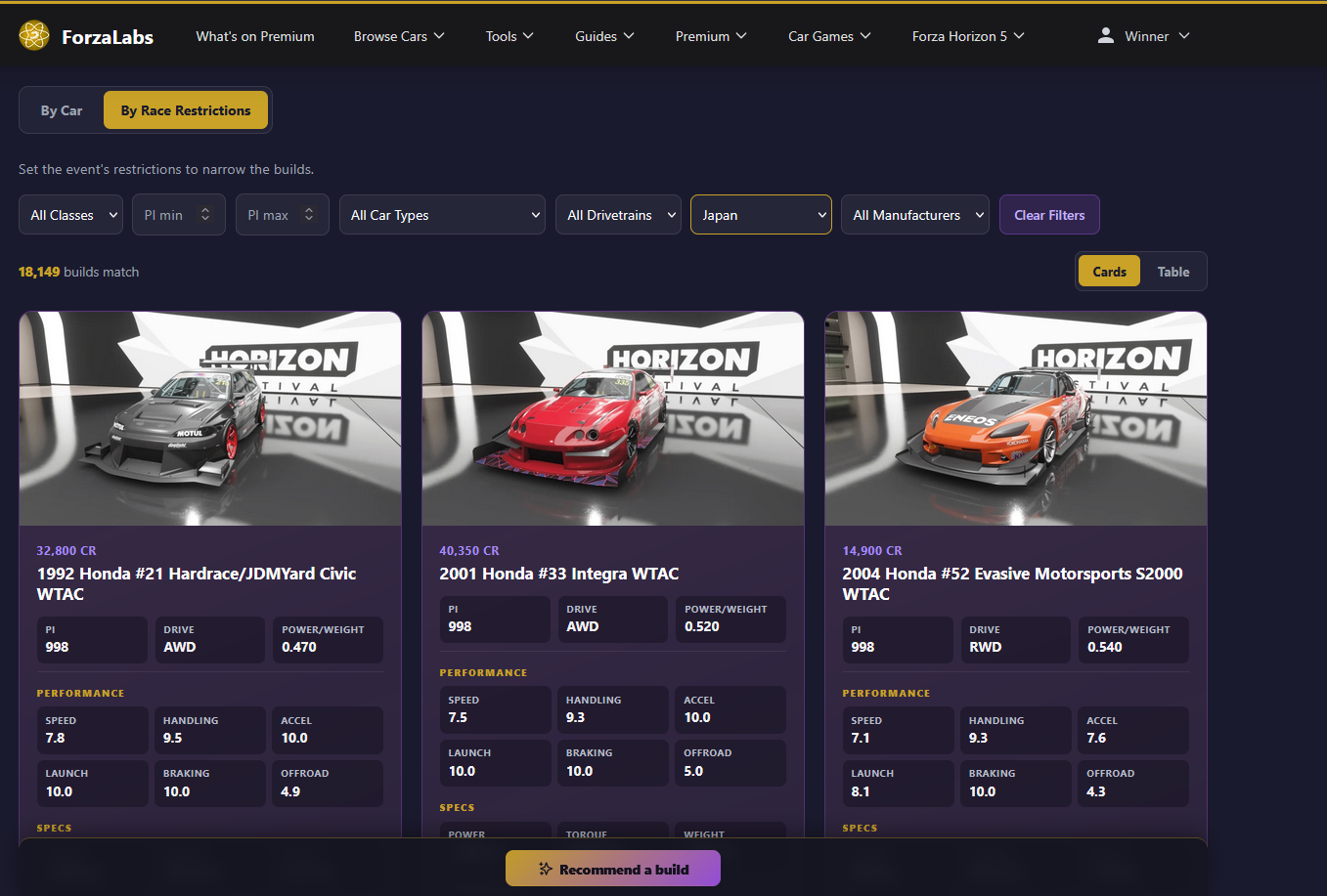 Car Build Recommender By Race Restrictions view: filters for class, PI min and max, car type, drivetrain, country (Japan), and manufacturer, with 18,149 matching builds shown as Honda WTAC car cards