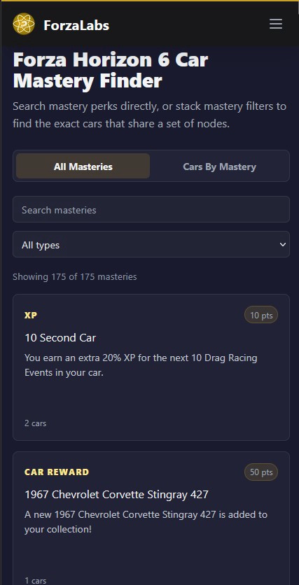 Car Mastery Finder All Masteries view with 175 perks shown as cards, each with type, point cost, description, and car count