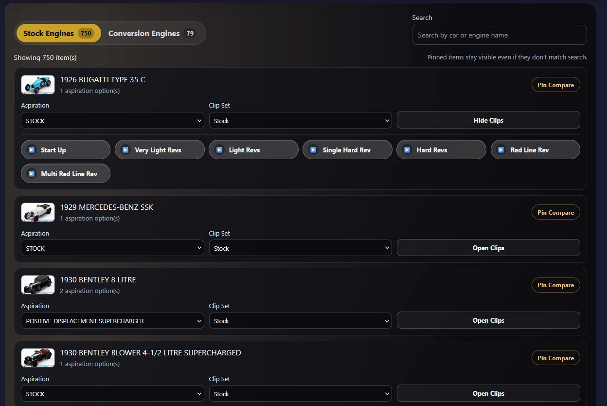 Engine Sound Explorer showing stock and conversion engines with aspiration options, clip set selector, and audio playback controls