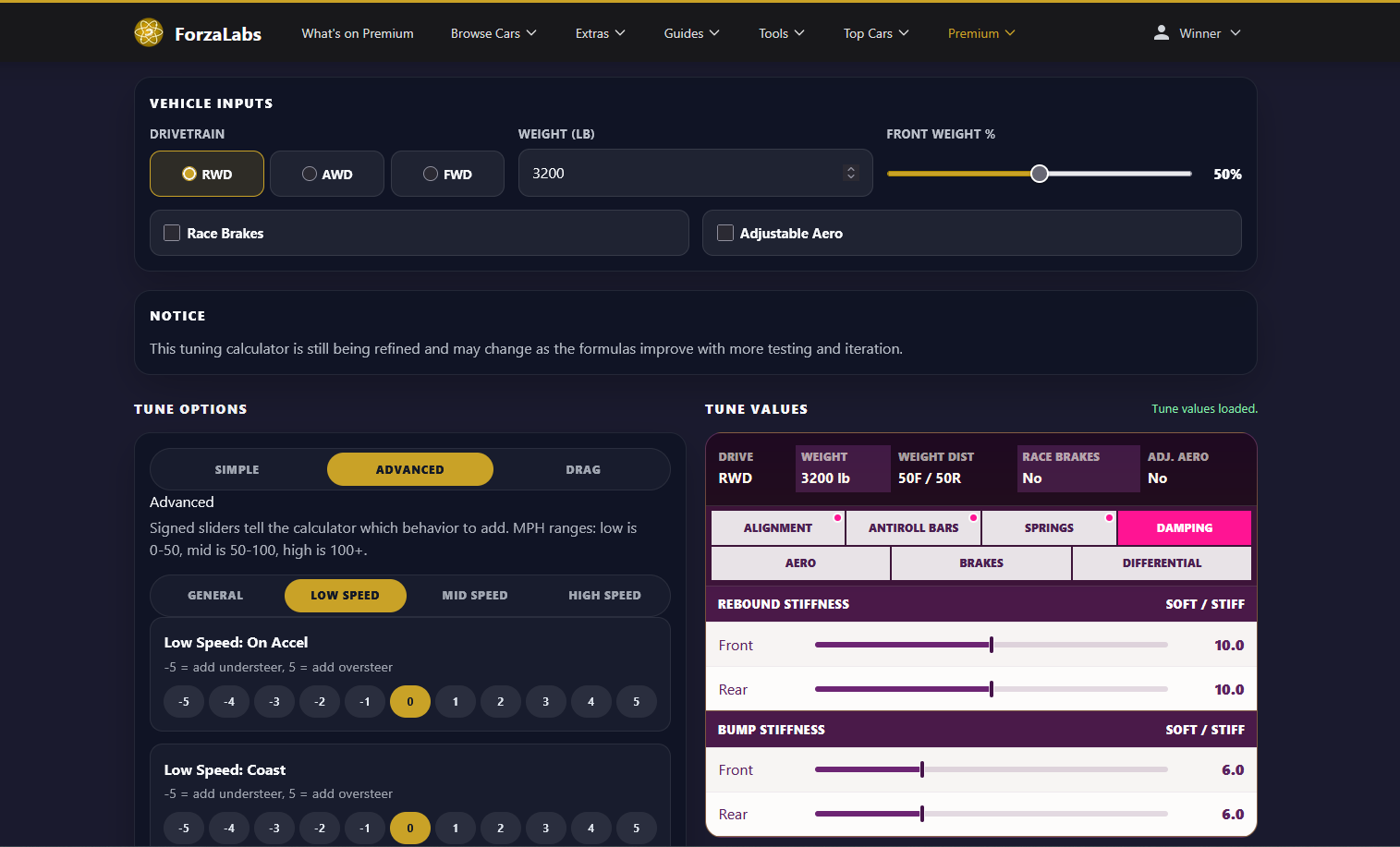 Tuning Calculator full page: vehicle inputs across the top, Tune Options in Advanced mode on the left, and the live Tune Values panel with damping sliders on the right