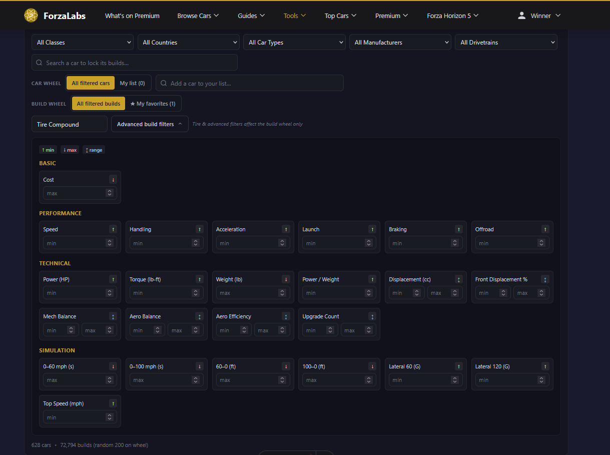Car & Build Randomizer advanced build filters: tire compound plus basic, performance, technical, and simulation filters that narrow the Builds wheel by cost, speed, handling, power, weight, 0-60, top speed and more