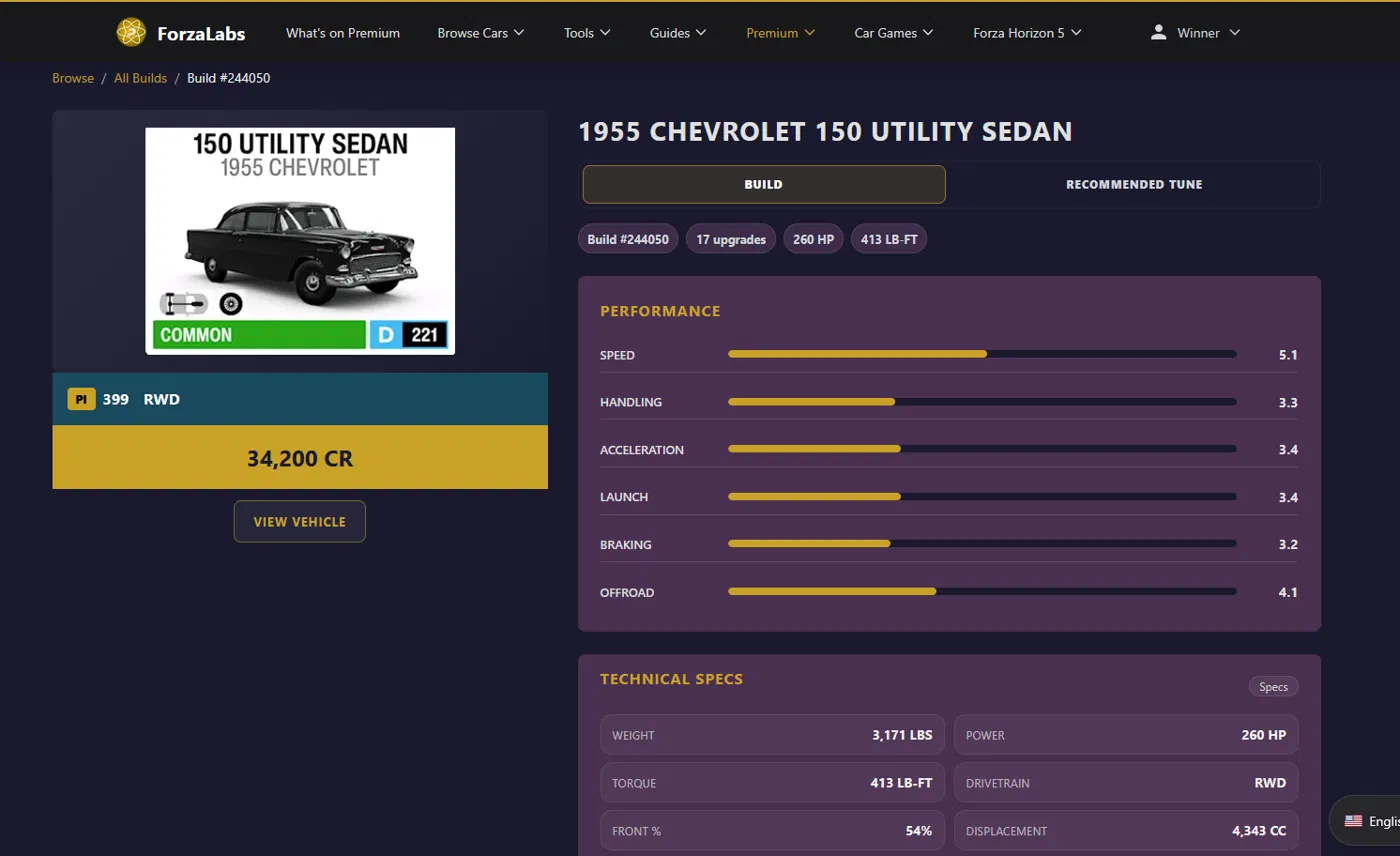 Forza Horizon 6 build details page showing performance ratings and technical specs for the recommended car build before buying in game