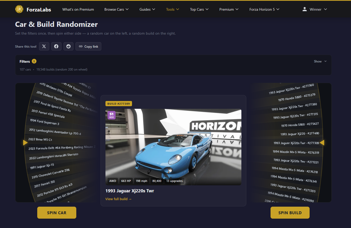 Forza Horizon 6 Car & Build Randomizer: a car wheel on the left, a locked car preview in the center showing a 1993 Jaguar XJ220S TWR build, and a Builds wheel on the right