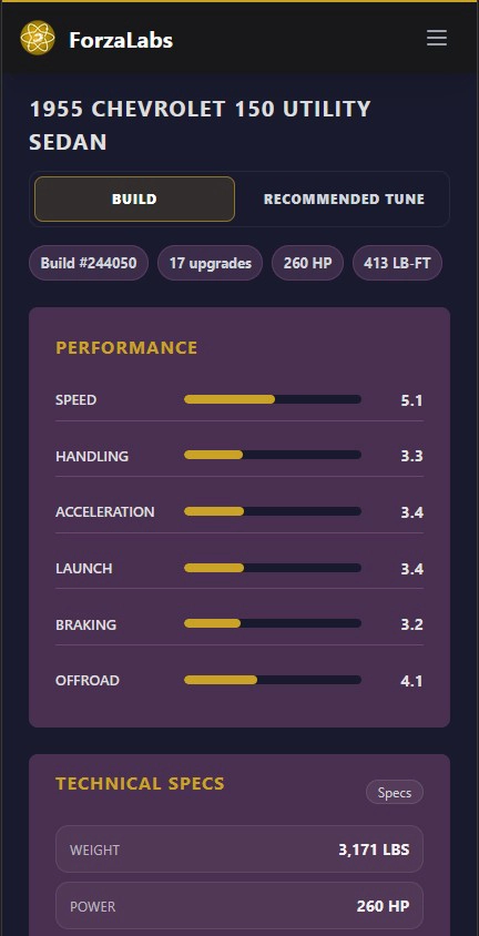 Upgrade Explorer build detail page with performance bars, simulation results, selected upgrades, and recommended tune
