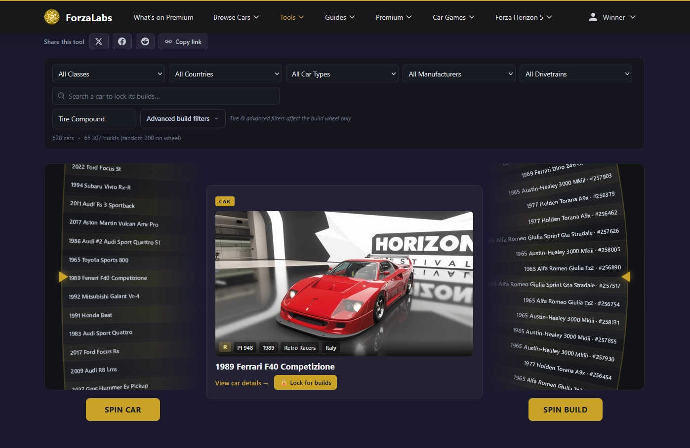 Forza Horizon 6 Car Randomizer: a spin-the-wheel picker with a car wheel, a locked car preview, and a build wheel