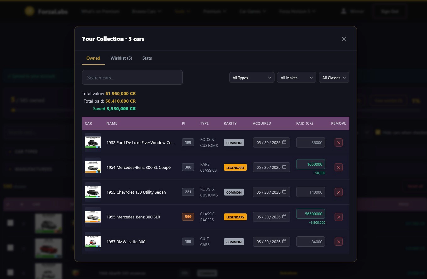 The owned-cars view showing your selected collection