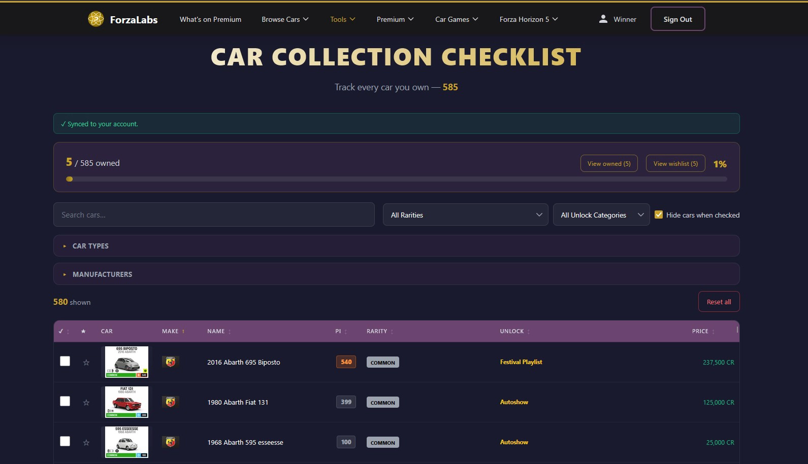 The Car Collection Tracker checklist with search and filters